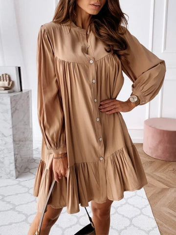 Woochic mini robe à volantée boutonnage col montant manches bishop élégant de cocktail Bleu ciel S